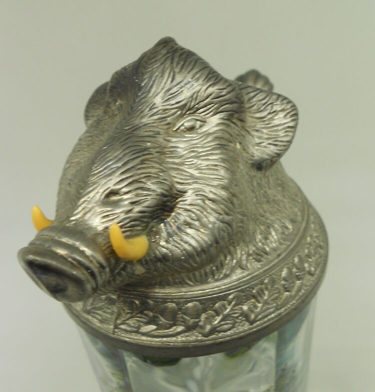 Vintage German Glass Beer Stein Wild Boar Head Pewter Lid 0,5 L / 16.9