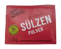 Pack of Reiter Aspic Powder 0.8 oz (25g), a traditional German savory gelatin powder for making authentic meat jelly and head cheese, featuring a red packet with a green preparation seal.