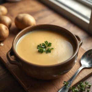 A bowl of creamy German potato soup garnished with fresh parsley.