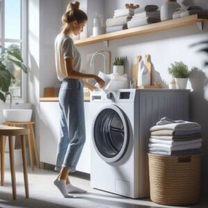 Housewife placing tumble dryer sheets into a modern dryer in a bright, minimalist laundry room.