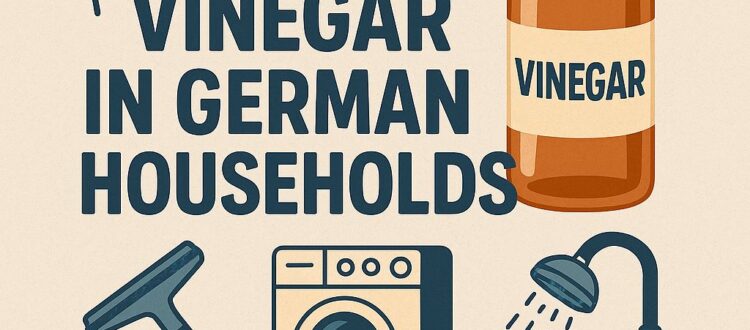Bottle of vinegar surrounded by icons showing its uses in German households like cleaning, laundry, and deodorizing
