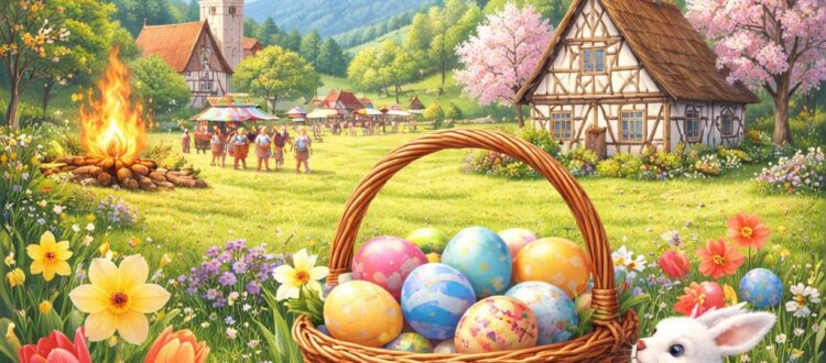 Colorful spring illustration showing traditional Easter atmosphere in Germany with painted eggs, blooming landscape, and rural village scenery