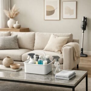Modern tidy home with a 15-minute daily cleaning routine, microfiber cloth, cleaning caddy, and cordless vacuum
