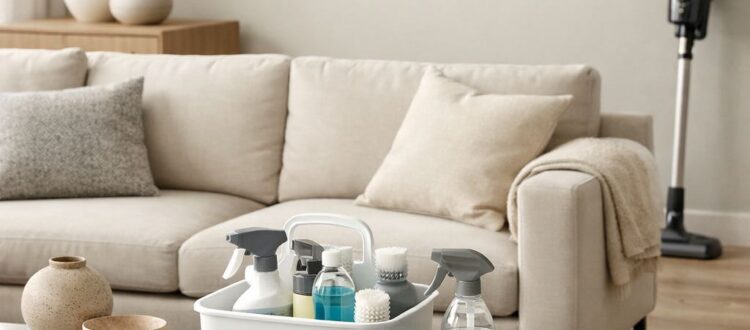 Modern tidy home with a 15-minute daily cleaning routine, microfiber cloth, cleaning caddy, and cordless vacuum