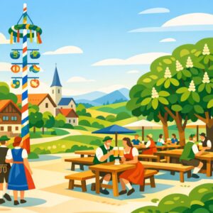 Bavarian traditions with maypoles, beer gardens, local food, and community culture in southern Germany
