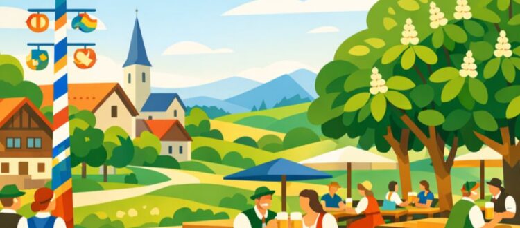 Bavarian traditions with maypoles, beer gardens, local food, and community culture in southern Germany