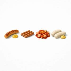 Best German sausages to buy online, including bratwurst, Nürnberger Rostbratwurst, currywurst, and Weißwurst