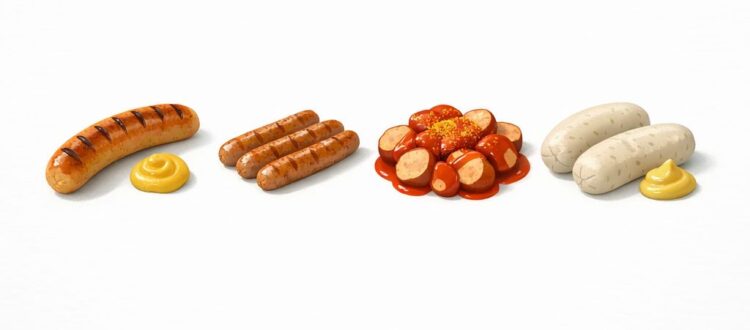 Best German sausages to buy online, including bratwurst, Nürnberger Rostbratwurst, currywurst, and Weißwurst
