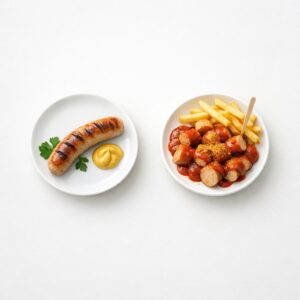 Bratwurst vs currywurst comparison, German sausage guide, taste, origin, and serving style