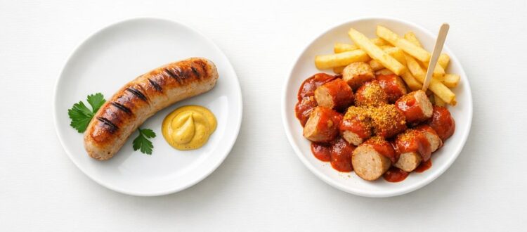 Bratwurst vs currywurst comparison, German sausage guide, taste, origin, and serving style