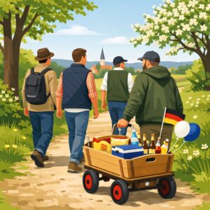 Vatertag in Germany on Christi Himmelfahrt 2026, men on a spring countryside walk with a traditional handcart