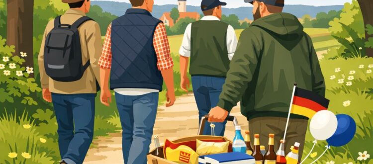 Vatertag in Germany on Christi Himmelfahrt 2026, men on a spring countryside walk with a traditional handcart