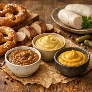 German mustard guide with sweet Bavarian mustard, spicy Düsseldorf-style mustard, and everyday Senf brands like Löwensenf, Händlmaier, and Bautz’ner.