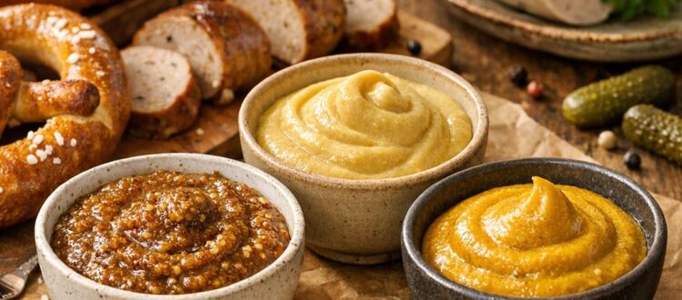 German mustard guide with sweet Bavarian mustard, spicy Düsseldorf-style mustard, and everyday Senf brands like Löwensenf, Händlmaier, and Bautz’ner.