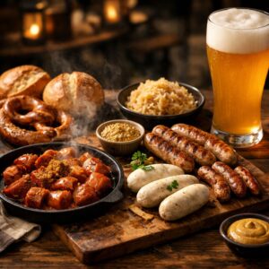 German sausage guide with bratwurst, currywurst, Weißwurst, and traditional regional specialties