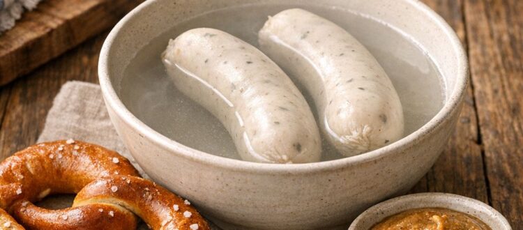 Bavarian Weisswurst with sweet mustard and pretzel, a traditional German sausage served before noon.