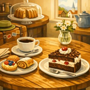 Kaffee und Kuchen, German afternoon coffee and cake tradition with bakery cake, coffee, and relaxed conversation