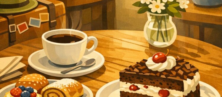 Kaffee und Kuchen, German afternoon coffee and cake tradition with bakery cake, coffee, and relaxed conversation