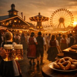 Oktoberfest Munich 2026 on the Theresienwiese, with festival tents, Bavarian tradition, and the historic roots of the world-famous event.