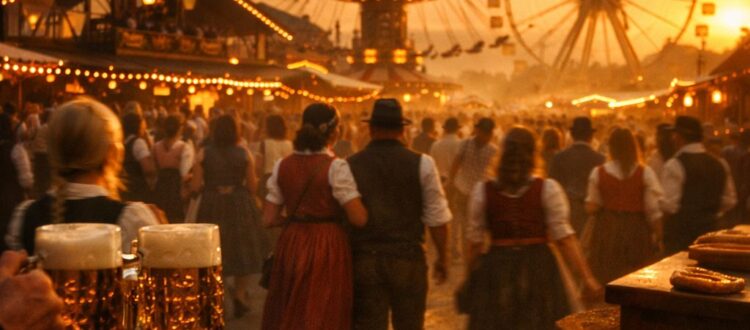 Oktoberfest Munich 2026 on the Theresienwiese, with festival tents, Bavarian tradition, and the historic roots of the world-famous event.