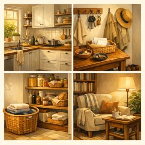 Practical household habits for a calmer home with tidy kitchen, laundry routine, pantry staples, and organized daily essentials