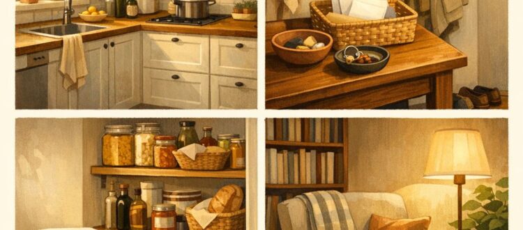 Practical household habits for a calmer home with tidy kitchen, laundry routine, pantry staples, and organized daily essentials