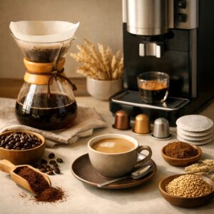 German coffee culture kitchen scene with coffee machine, filter coffee, beans, capsules, pads, and coffee substitutes.
