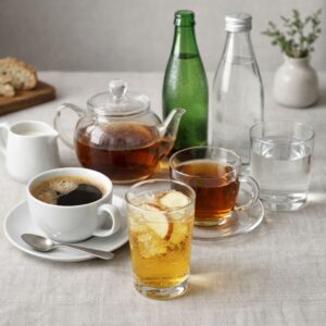German drinking habits with coffee, tea, sparkling water, juice, and Apfelschorle in everyday life.