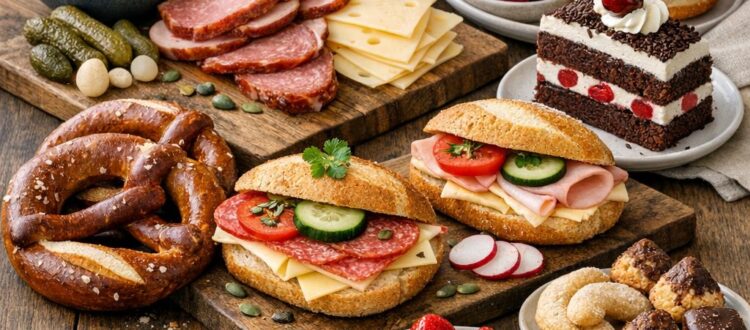 German snack culture with savory and sweet snacks, including pretzels, rolls, cheese, pastries, and cookies.