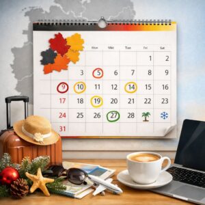Square blog image showing a calendar, Germany map, and travel planning elements for public holidays in Germany in 2026.