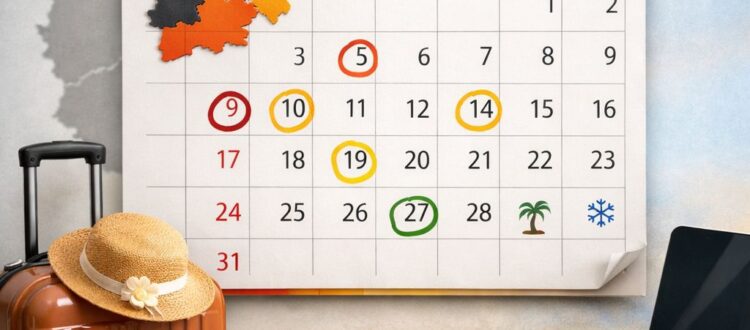 Square blog image showing a calendar, Germany map, and travel planning elements for public holidays in Germany in 2026.